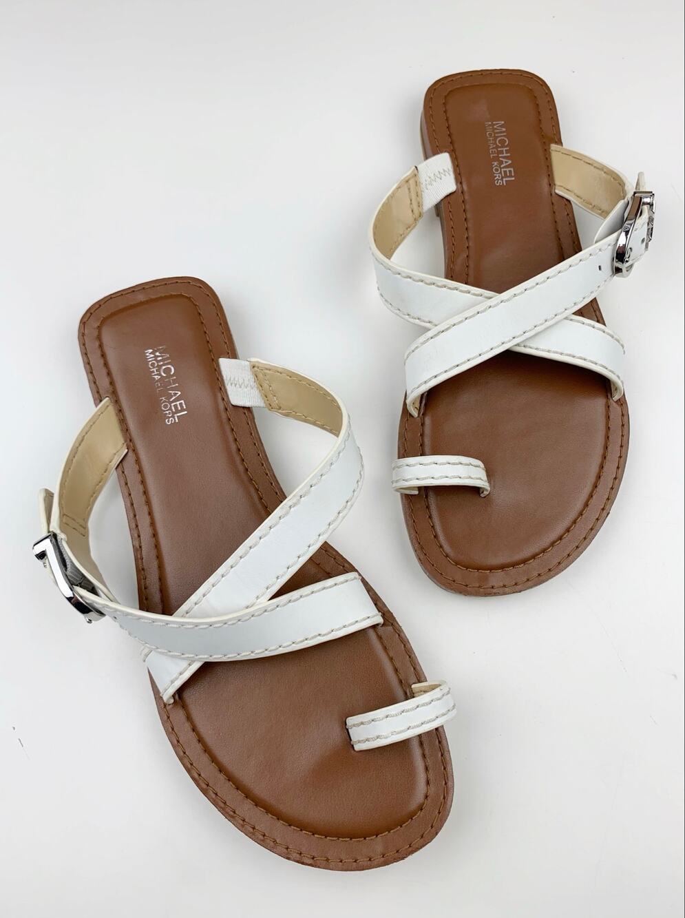 Michael Michael Kors Ashton Flat Thong Sandals White Leather Strappy Women's 7